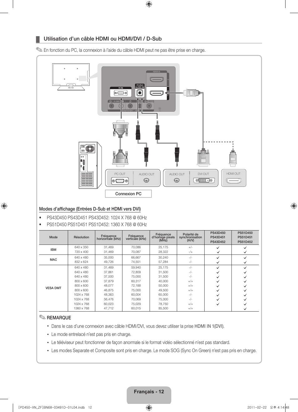 Utilisation d’un câble hdmi ou hdmi/dvi / d-sub | Samsung PS51D450A2W User Manual | Page 30 / 74
