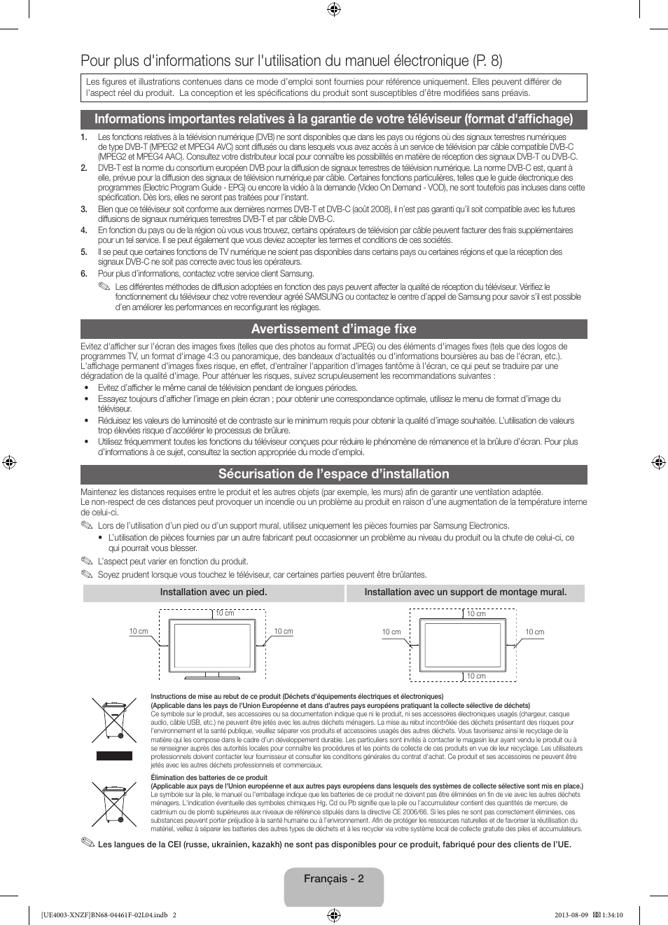 Avertissement d’image fixe, Sécurisation de l’espace d’installation | Samsung UE32EH4003W User Manual | Page 14 / 49