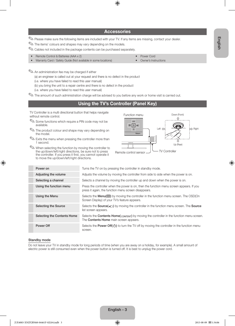 Accessories, Using the tv’s controller (panel key) | Samsung UE32EH4003W User Manual | Page 3 / 49