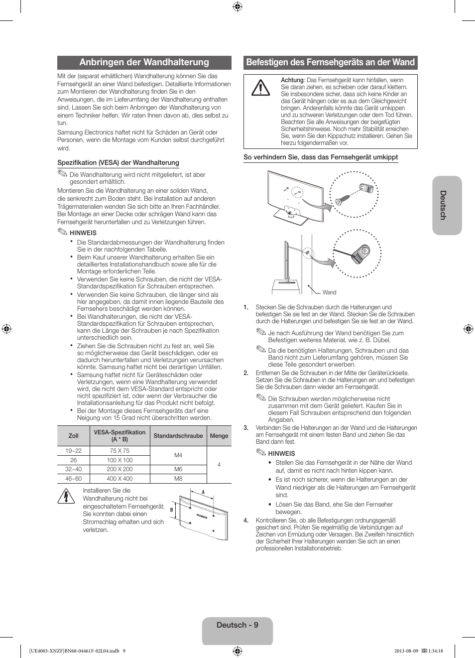 Anbringen der wandhalterung, Befestigen des fernsehgeräts an der wand | Samsung UE32EH4003W User Manual | Page 33 / 49