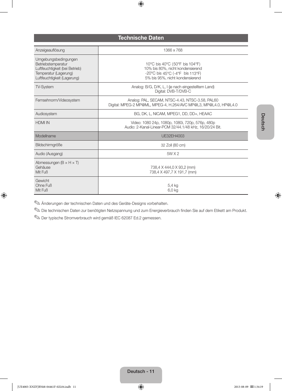 Technische daten | Samsung UE32EH4003W User Manual | Page 35 / 49