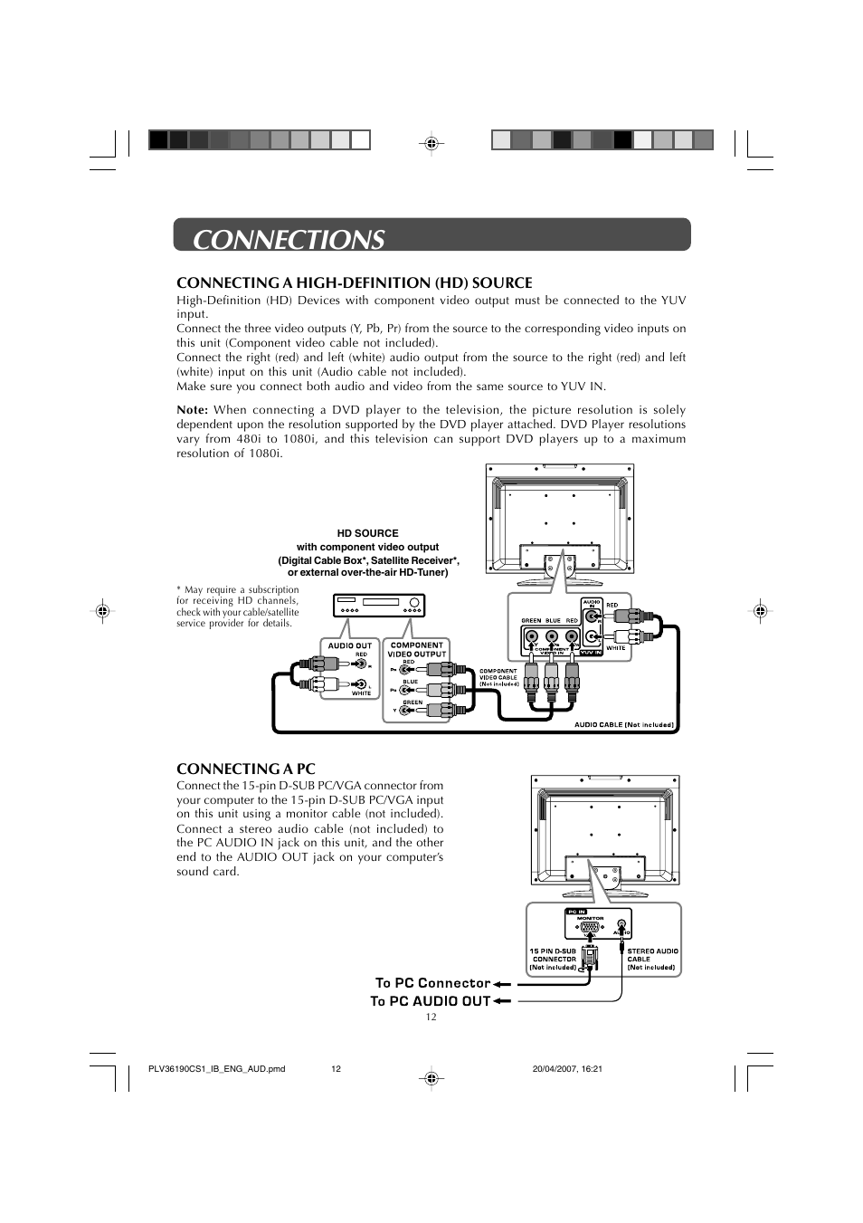 Connections, Connecting a pc, Connecting a high-definition (hd) source | Audiovox FPE1907 User Manual | Page 12 / 23