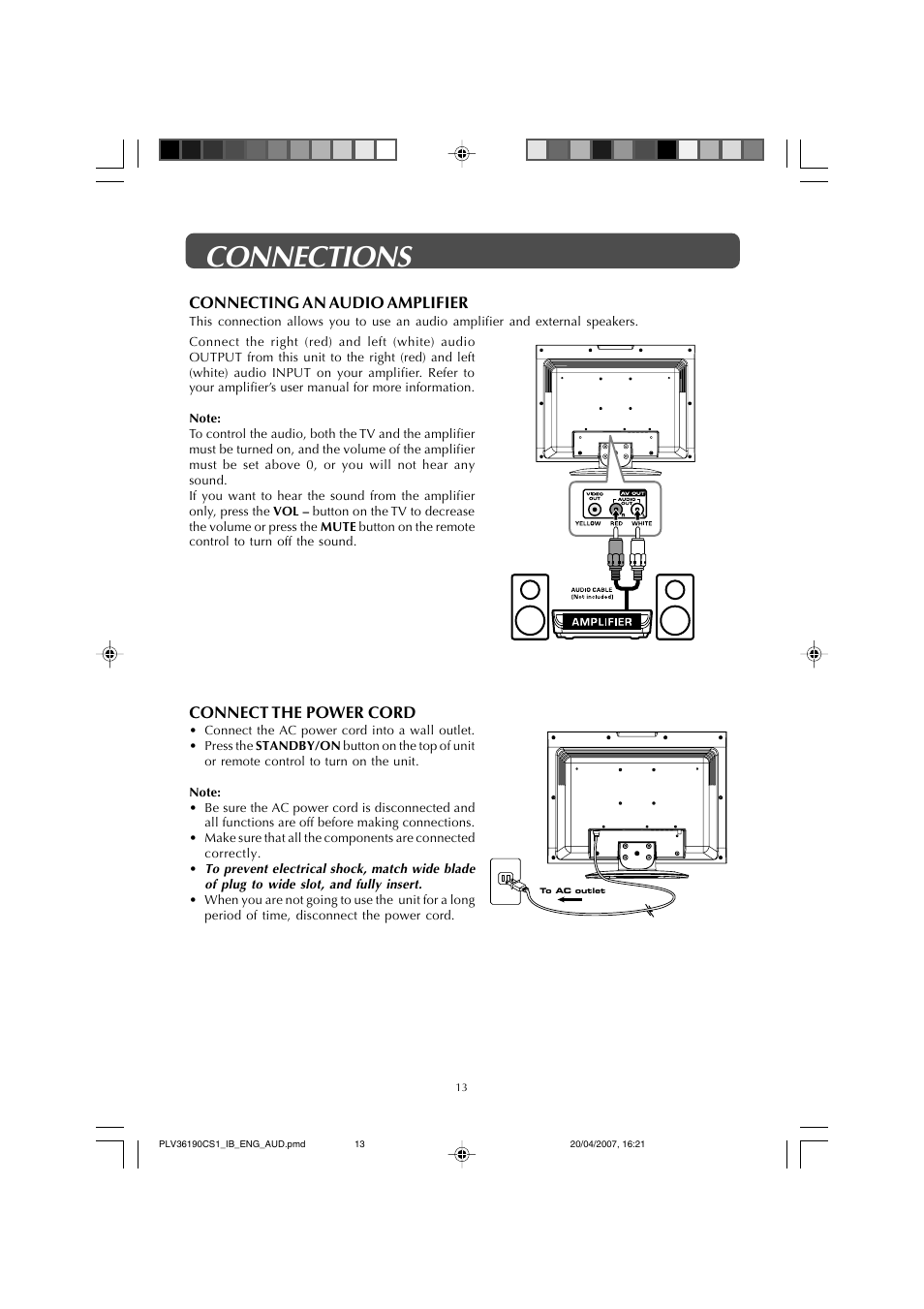 Connections, Connecting an audio amplifier, Connect the power cord | Audiovox FPE1907 User Manual | Page 13 / 23