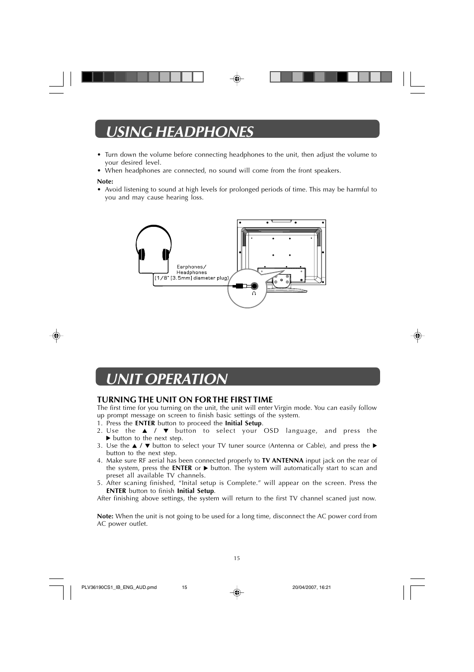 Using headphones unit operation | Audiovox FPE1907 User Manual | Page 15 / 23