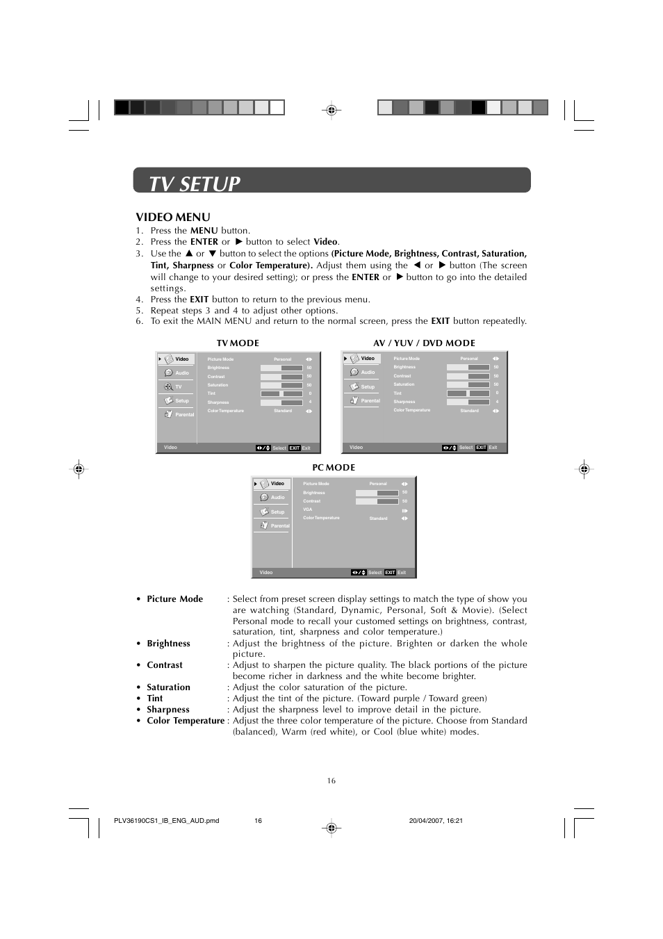Tv setup, Video menu | Audiovox FPE1907 User Manual | Page 16 / 23