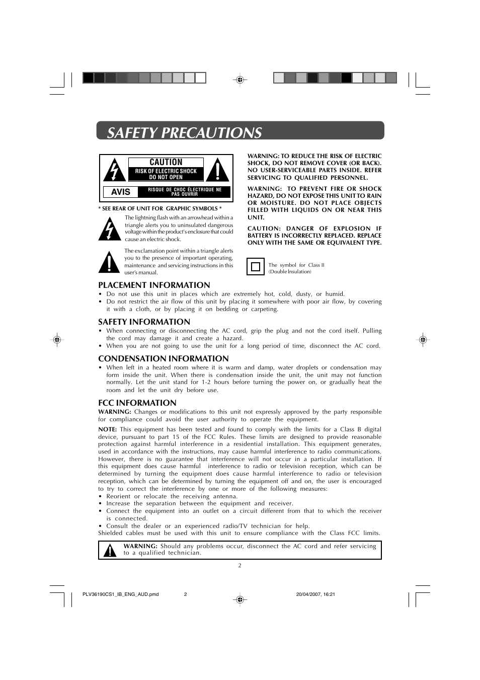 Safety precautions, Placement information, Safety information | Condensation information, Fcc information, Avis, Caution | Audiovox FPE1907 User Manual | Page 2 / 23