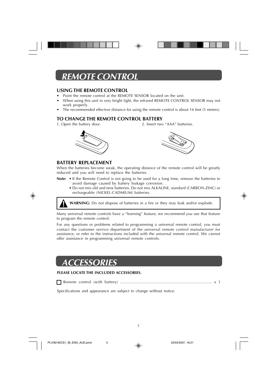 Remote control accessories | Audiovox FPE1907 User Manual | Page 5 / 23