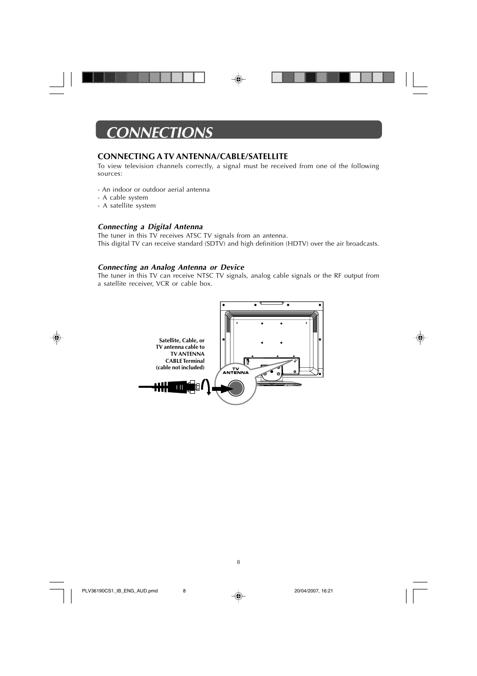 Connections, Connecting a tv antenna/cable/satellite | Audiovox FPE1907 User Manual | Page 8 / 23