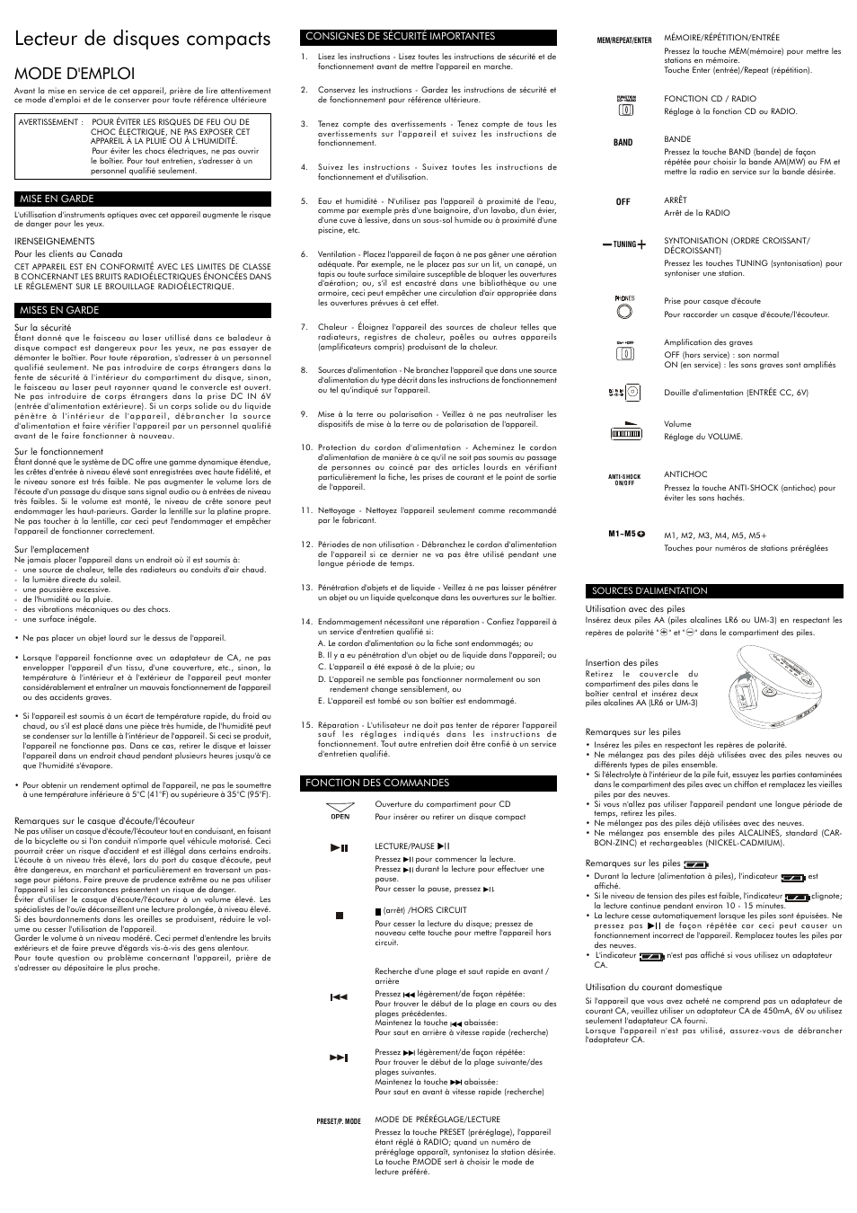 Lecteur de disques compacts, Mode d'emploi | Audiovox CE148 User Manual | Page 3 / 6