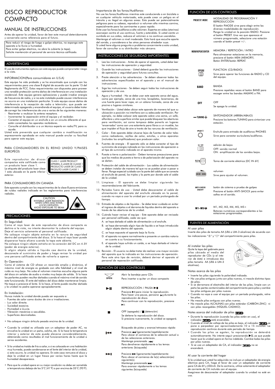 Disco reproductor compacto, Manual de instrucciones | Audiovox CE148 User Manual | Page 5 / 6