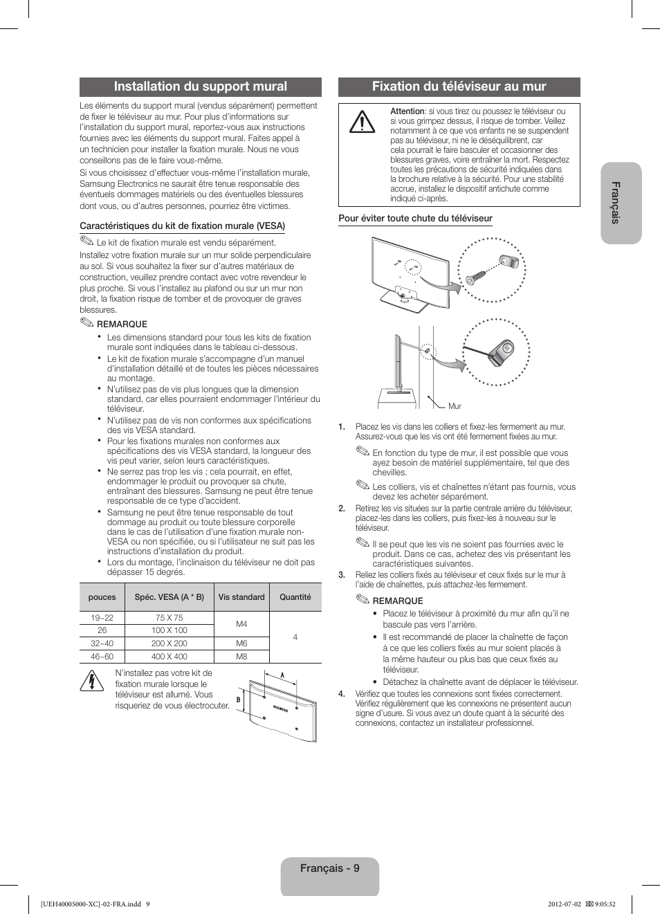 Installation du support mural, Fixation du téléviseur au mur | Samsung UE39EH5003W User Manual | Page 21 / 49