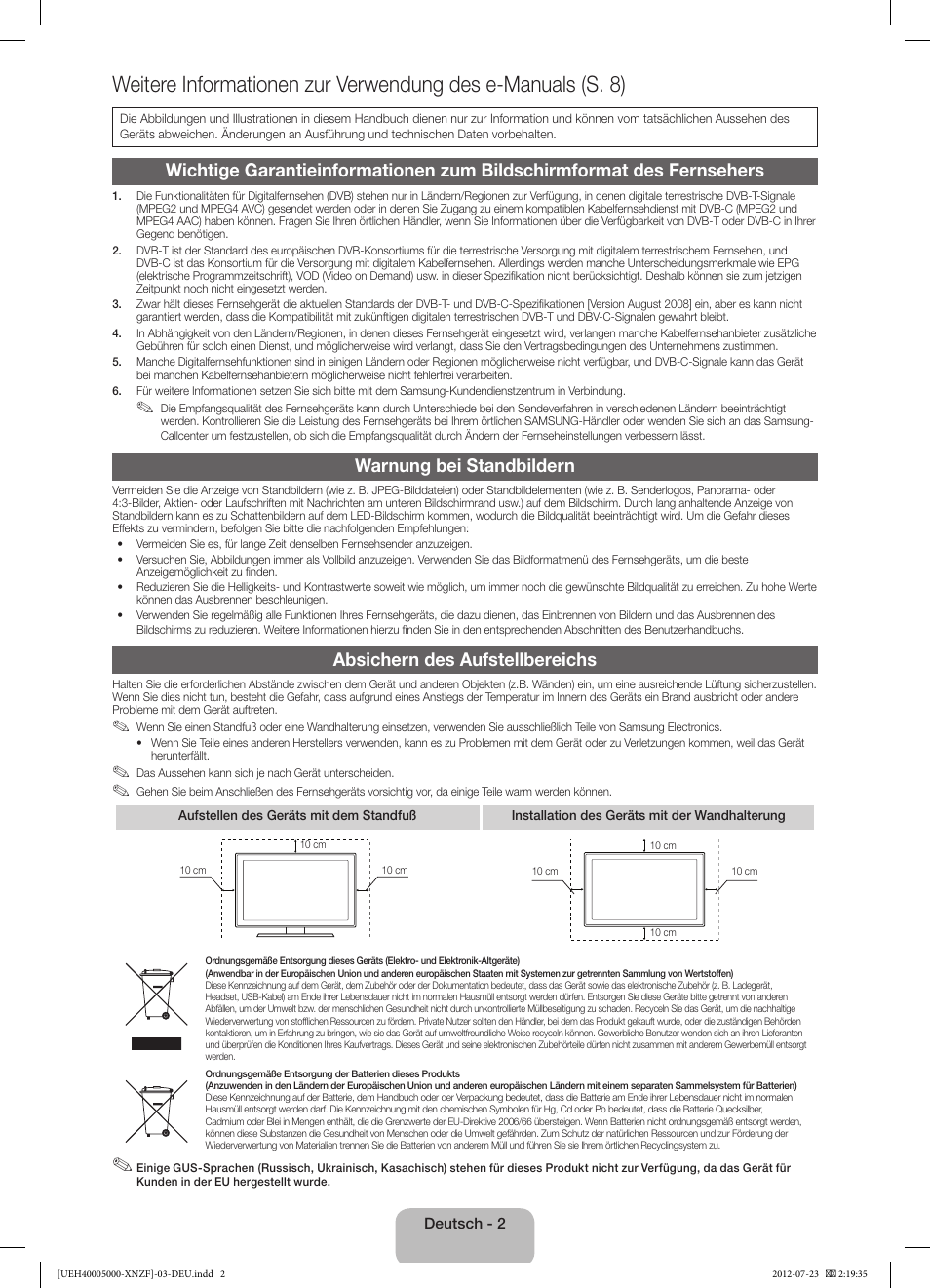 Warnung bei standbildern, Absichern des aufstellbereichs | Samsung UE39EH5003W User Manual | Page 26 / 49