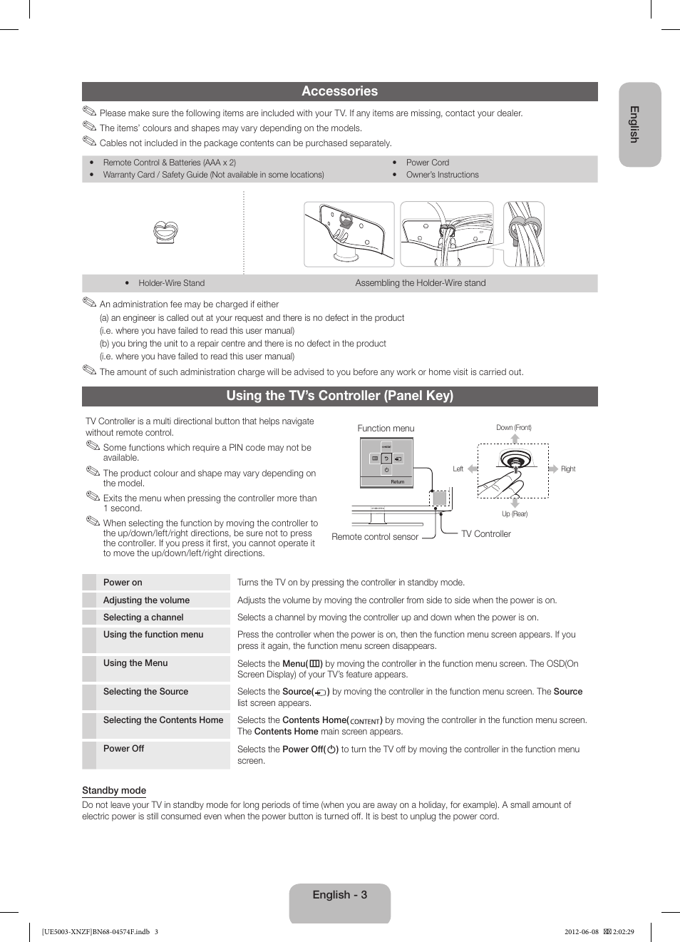 Accessories, Using the tv’s controller (panel key) | Samsung UE39EH5003W User Manual | Page 3 / 49