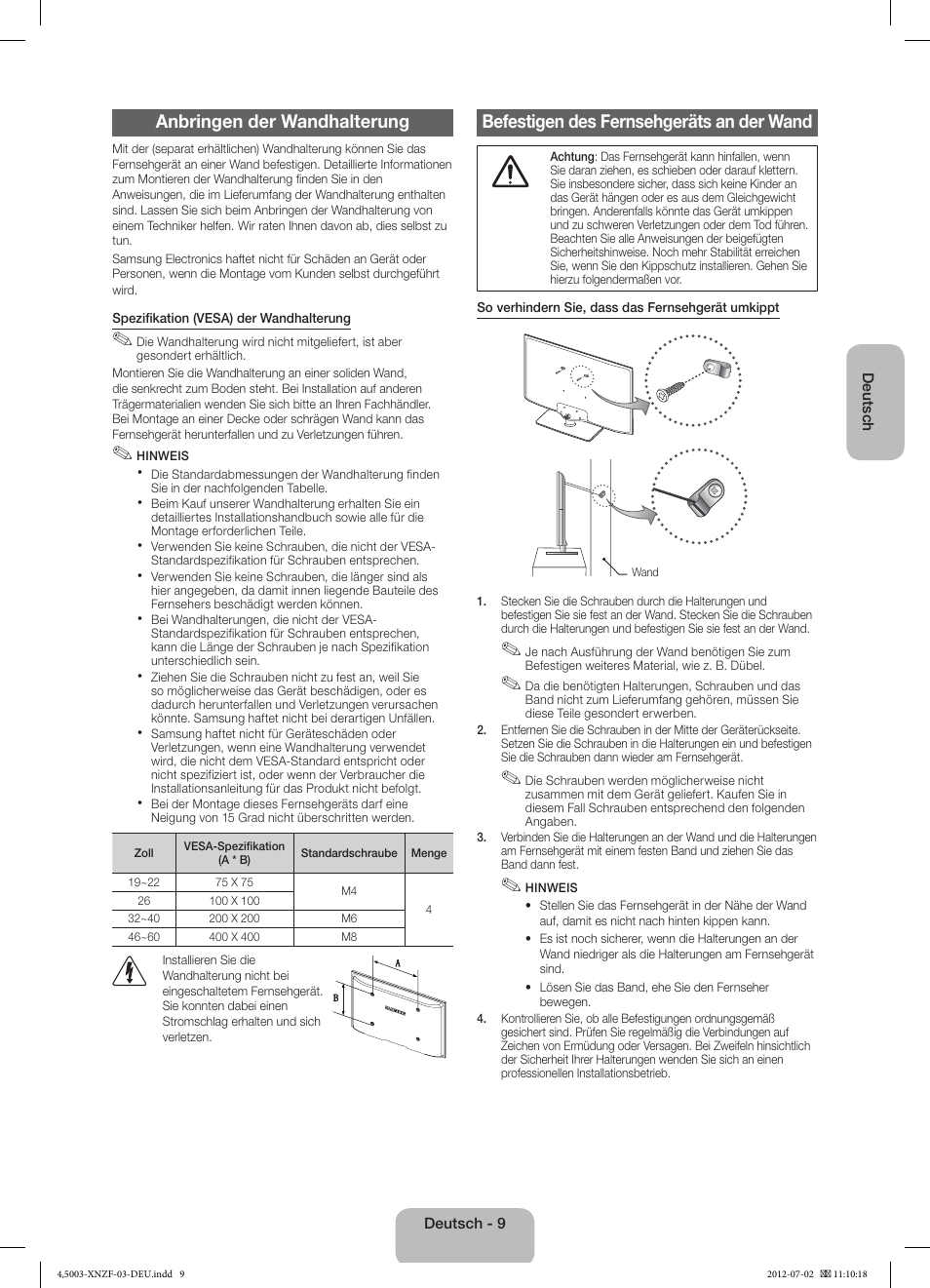 Anbringen der wandhalterung, Befestigen des fernsehgeräts an der wand | Samsung UE39EH5003W User Manual | Page 33 / 49