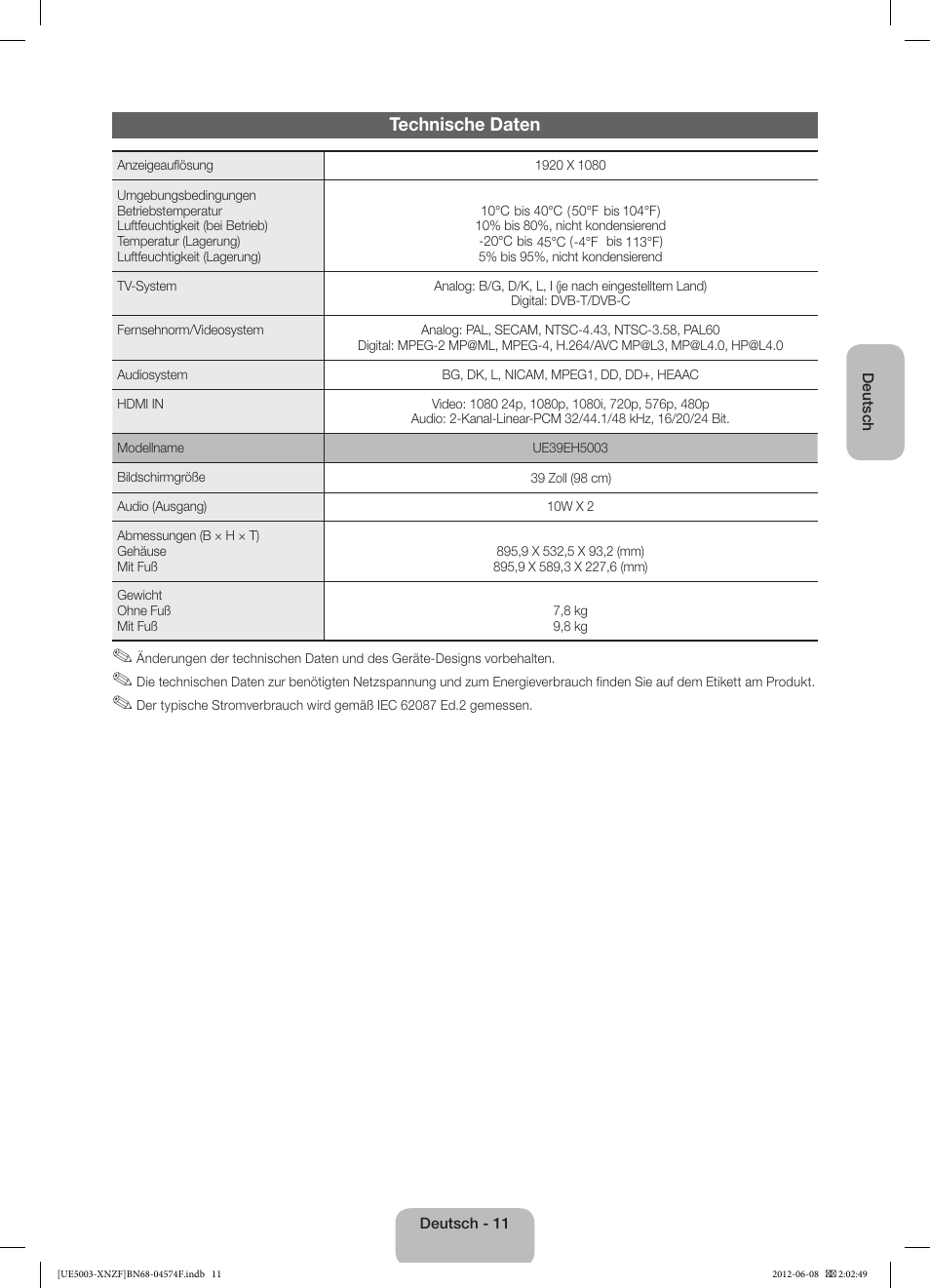 Technische daten | Samsung UE39EH5003W User Manual | Page 35 / 49