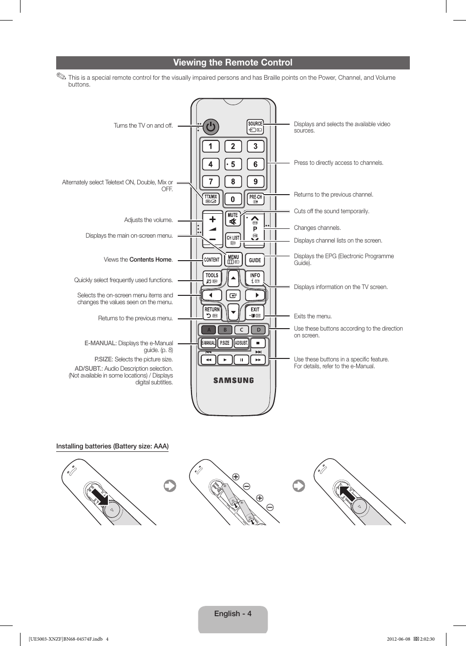 Viewing the remote control | Samsung UE39EH5003W User Manual | Page 4 / 49
