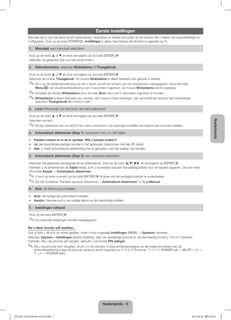 Eerste instellingen | Samsung UE39EH5003W User Manual | Page 41 / 49