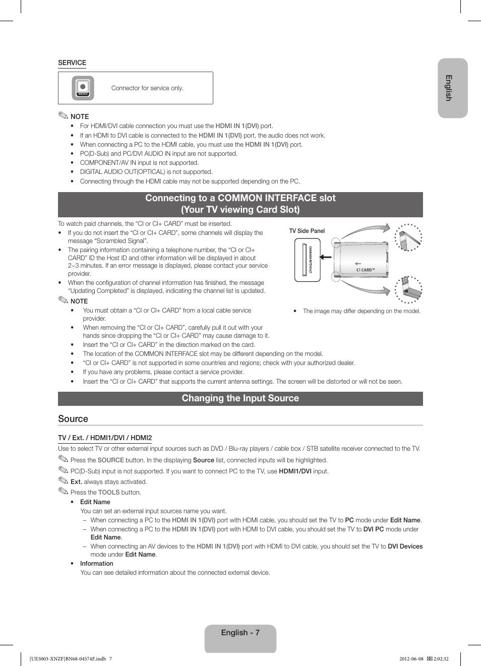 Changing the input source source | Samsung UE39EH5003W User Manual | Page 7 / 49