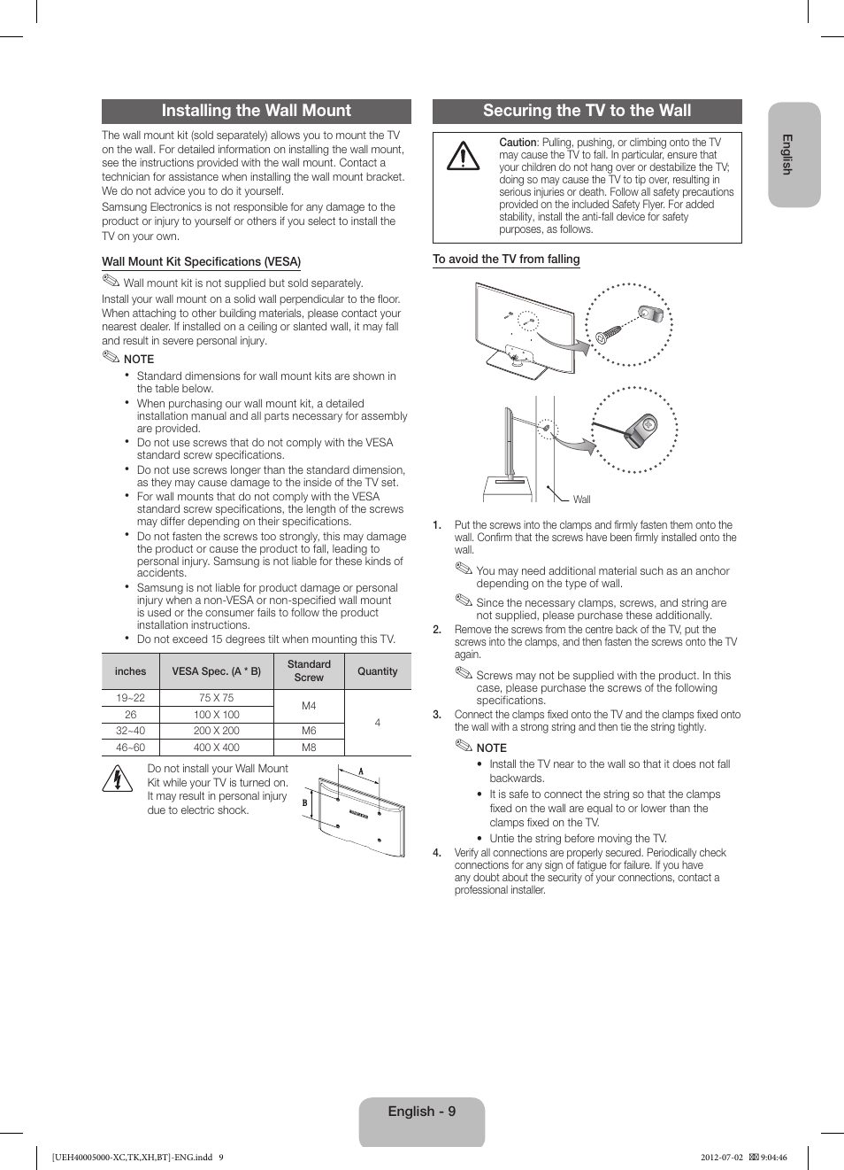 Installing the wall mount, Securing the tv to the wall | Samsung UE39EH5003W User Manual | Page 9 / 49