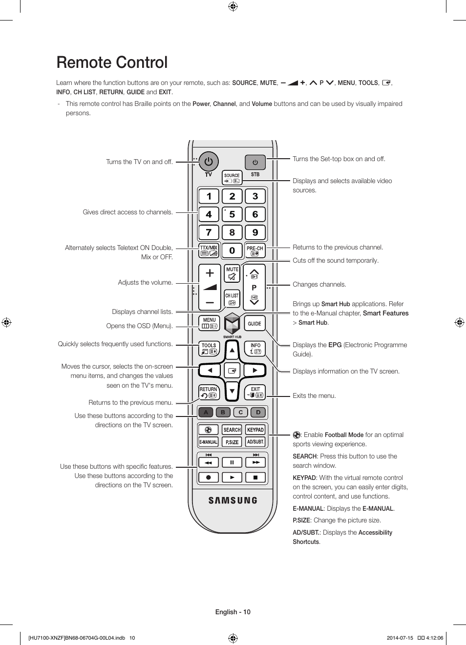 Remote control | Samsung UE55HU7100S User Manual | Page 10 / 82