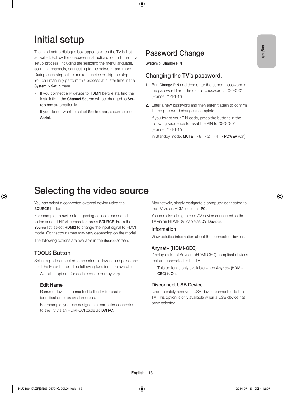 Initial setup, Selecting the video source, Password change | Changing the tv’s password, Button, Tools | Samsung UE55HU7100S User Manual | Page 13 / 82