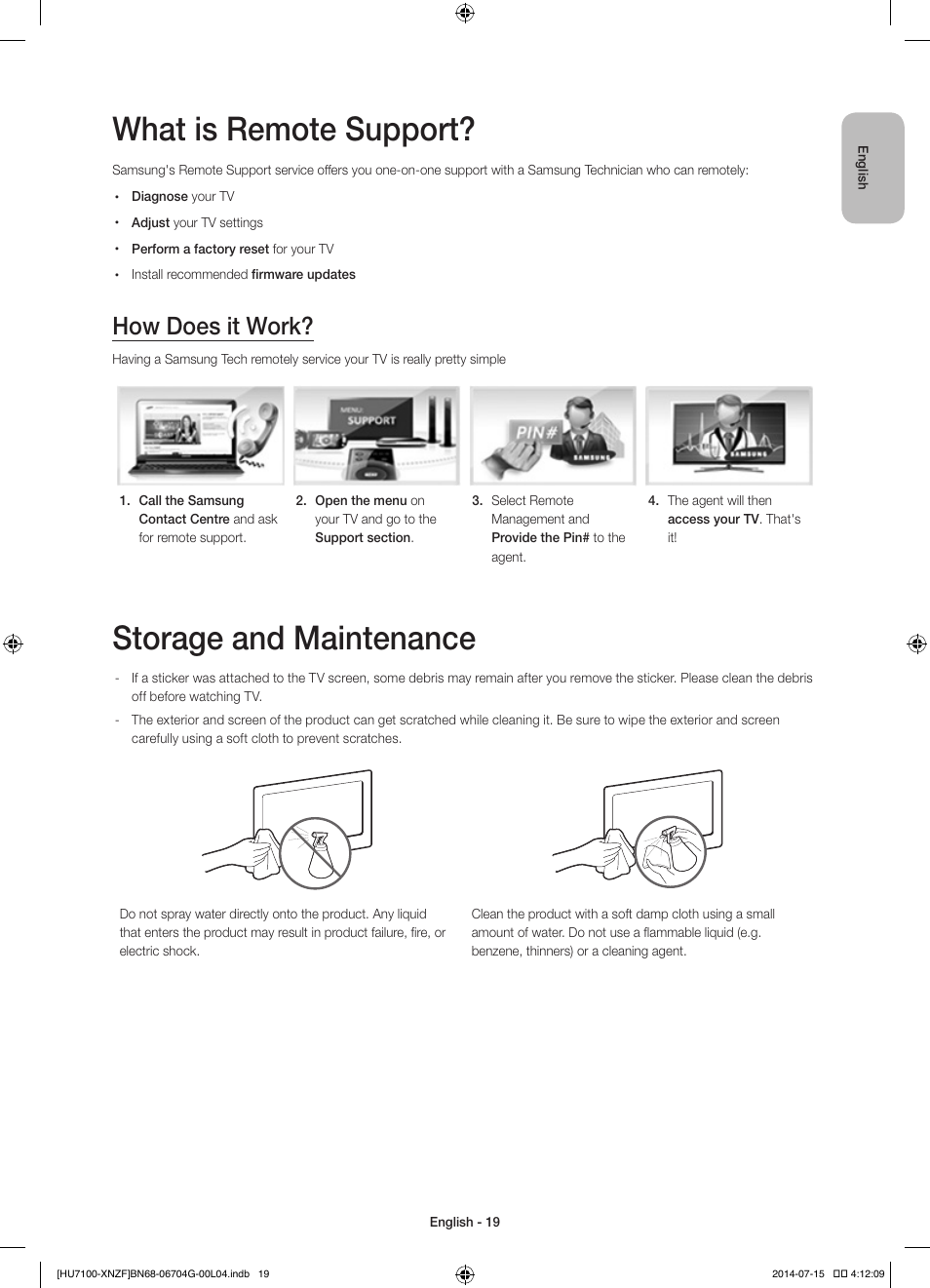 What is remote support, Storage and maintenance, How does it work | Samsung UE55HU7100S User Manual | Page 19 / 82