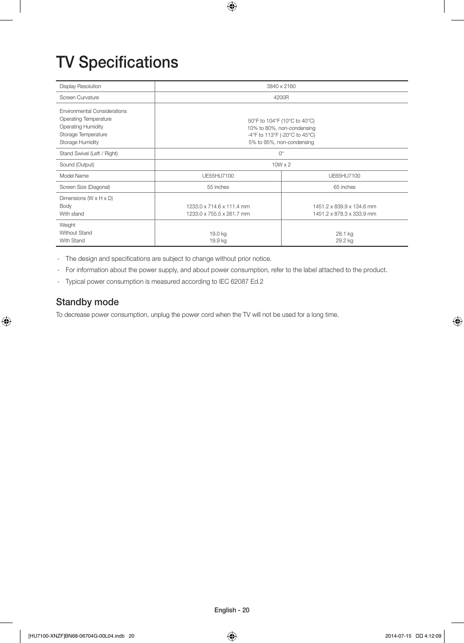 Tv specifications, Standby mode | Samsung UE55HU7100S User Manual | Page 20 / 82