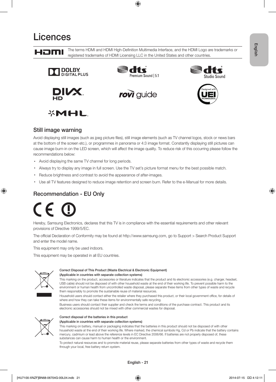 Licences, Still image warning, Recommendation - eu only | Samsung UE55HU7100S User Manual | Page 21 / 82