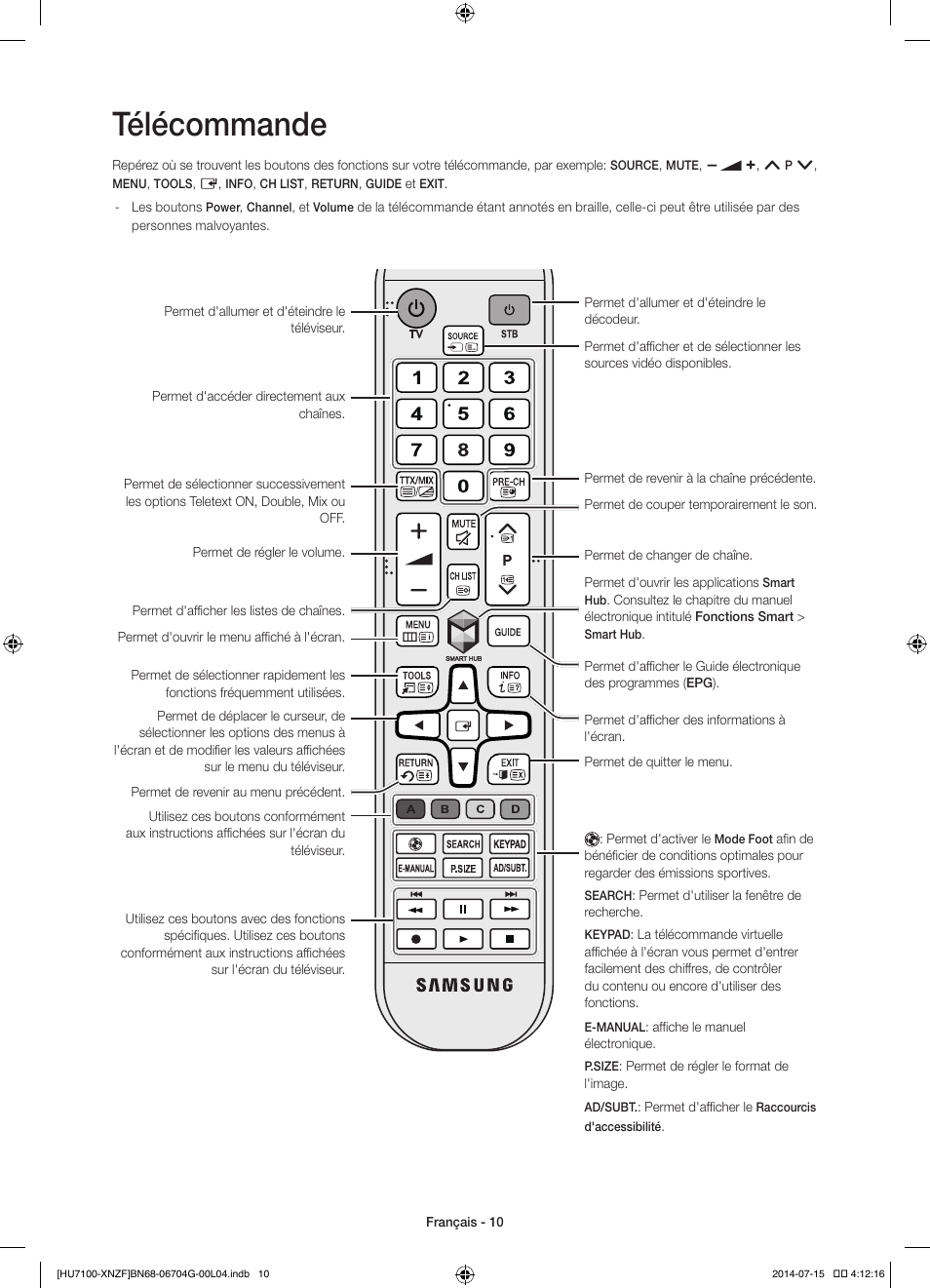 Télécommande | Samsung UE55HU7100S User Manual | Page 30 / 82