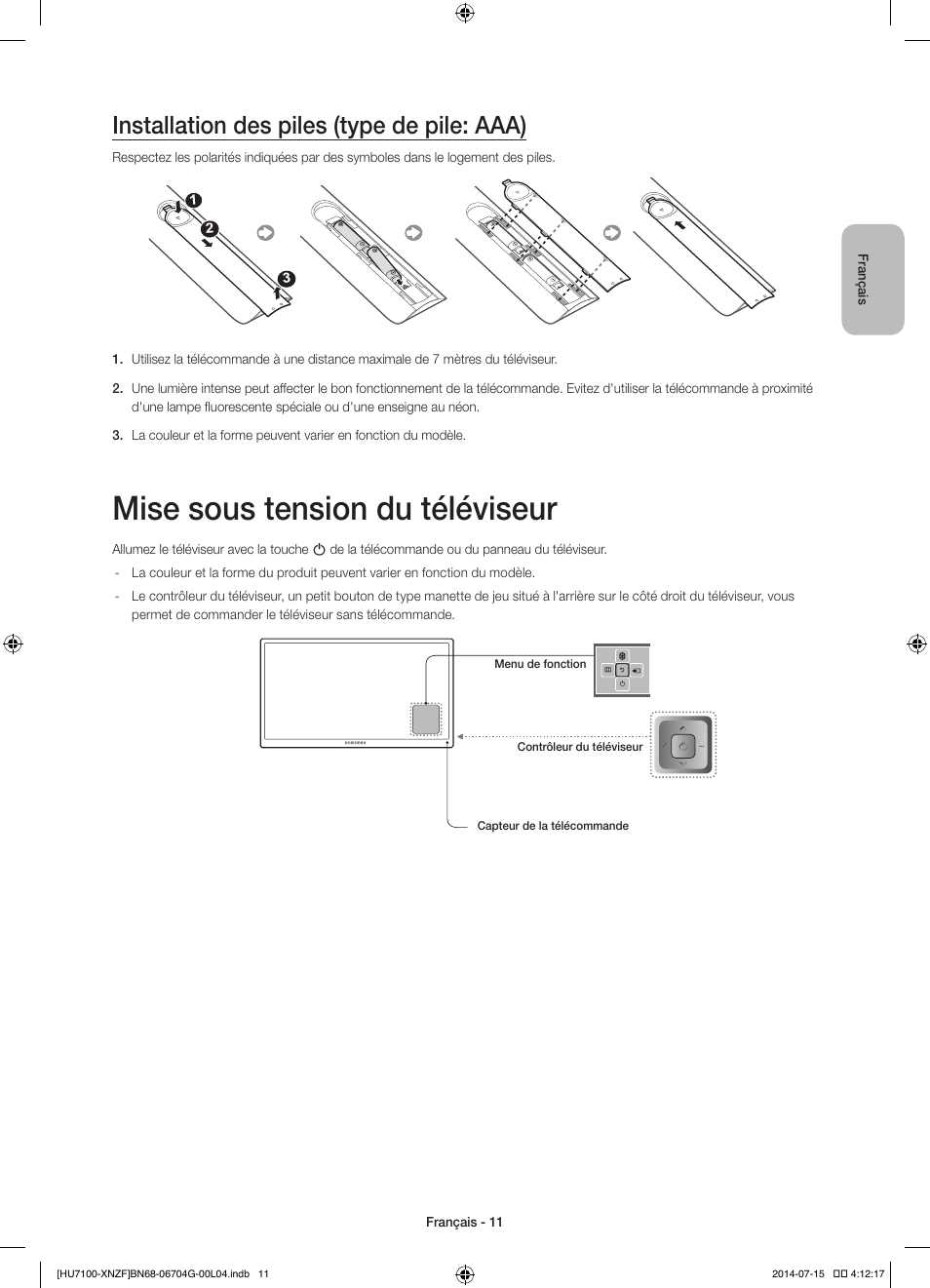 Mise sous tension du téléviseur, Installation des piles (type de pile: aaa) | Samsung UE55HU7100S User Manual | Page 31 / 82