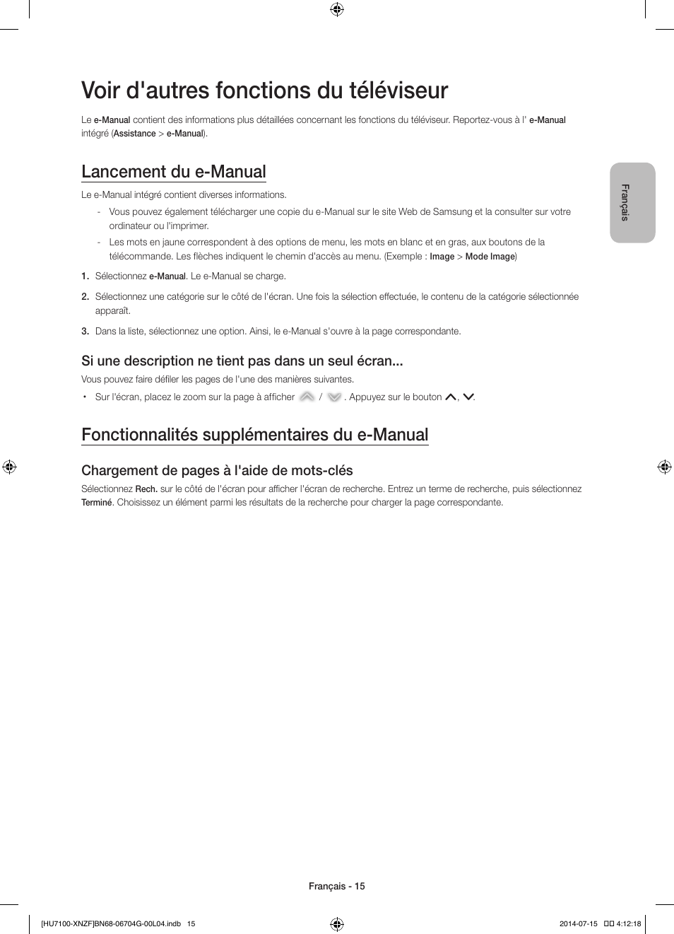 Voir d'autres fonctions du téléviseur, Lancement du e-manual, Fonctionnalités supplémentaires du e-manual | Si une description ne tient pas dans un seul écran, Chargement de pages à l'aide de mots-clés | Samsung UE55HU7100S User Manual | Page 35 / 82