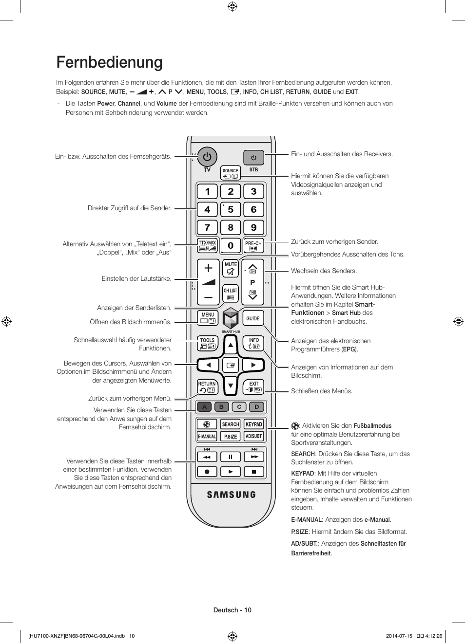 Fernbedienung | Samsung UE55HU7100S User Manual | Page 50 / 82