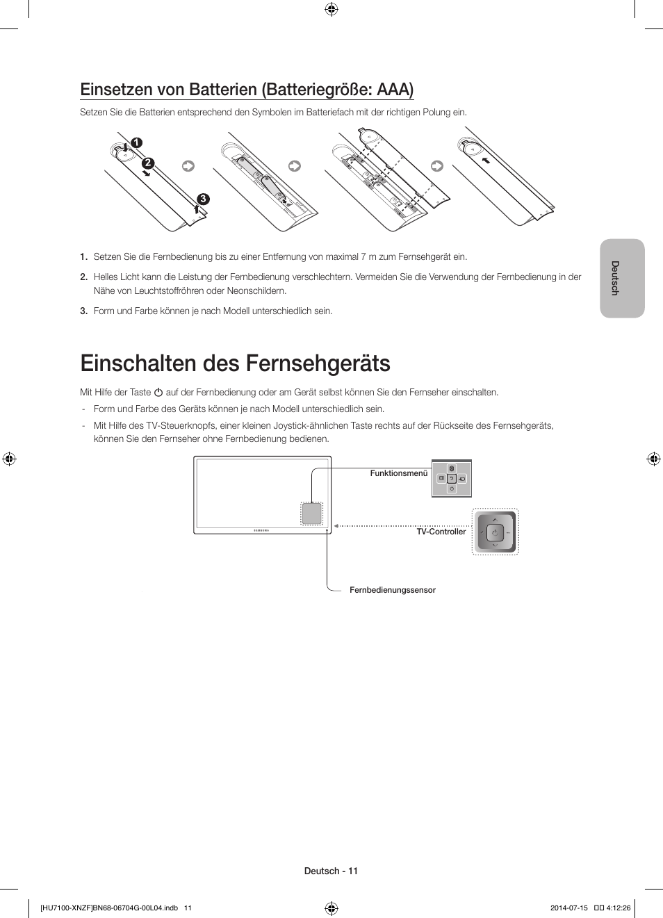 Einschalten des fernsehgeräts, Einsetzen von batterien (batteriegröße: aaa) | Samsung UE55HU7100S User Manual | Page 51 / 82