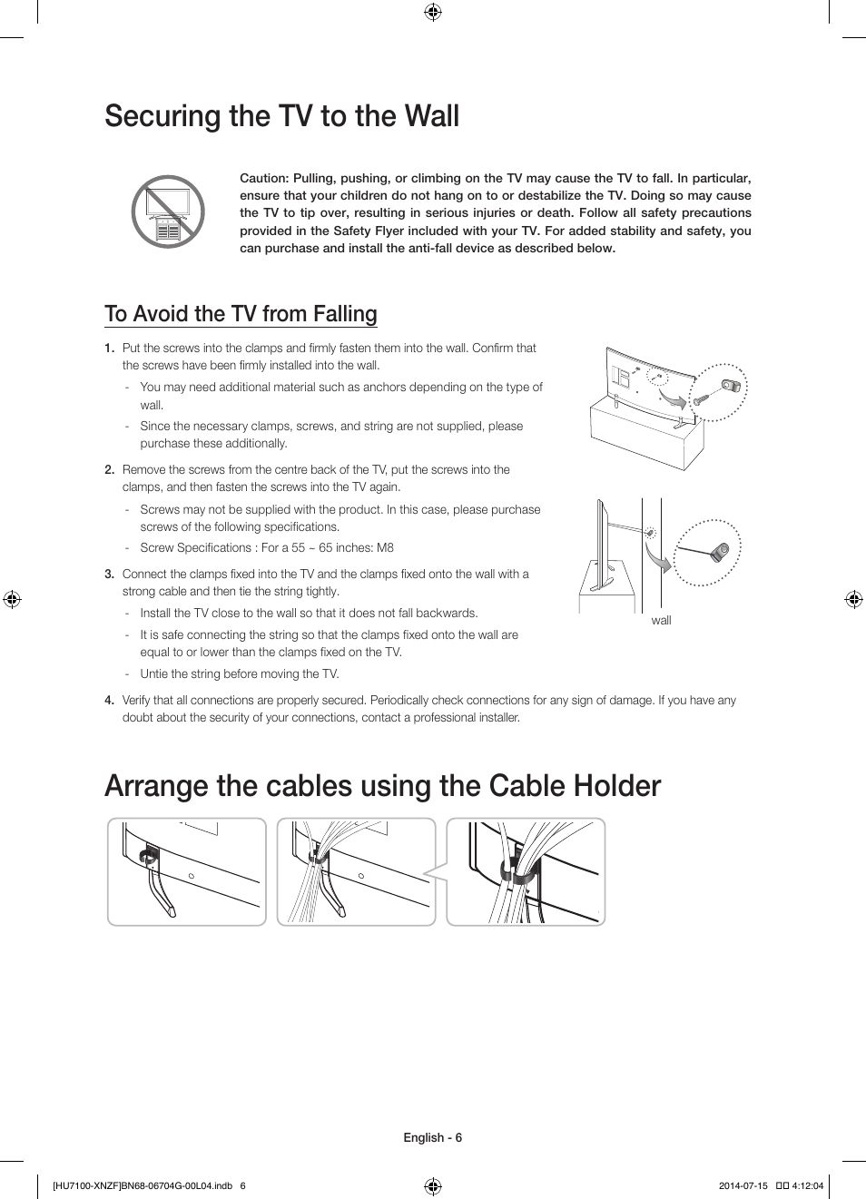 Securing the tv to the wall, Arrange the cables using the cable holder | Samsung UE55HU7100S User Manual | Page 6 / 82