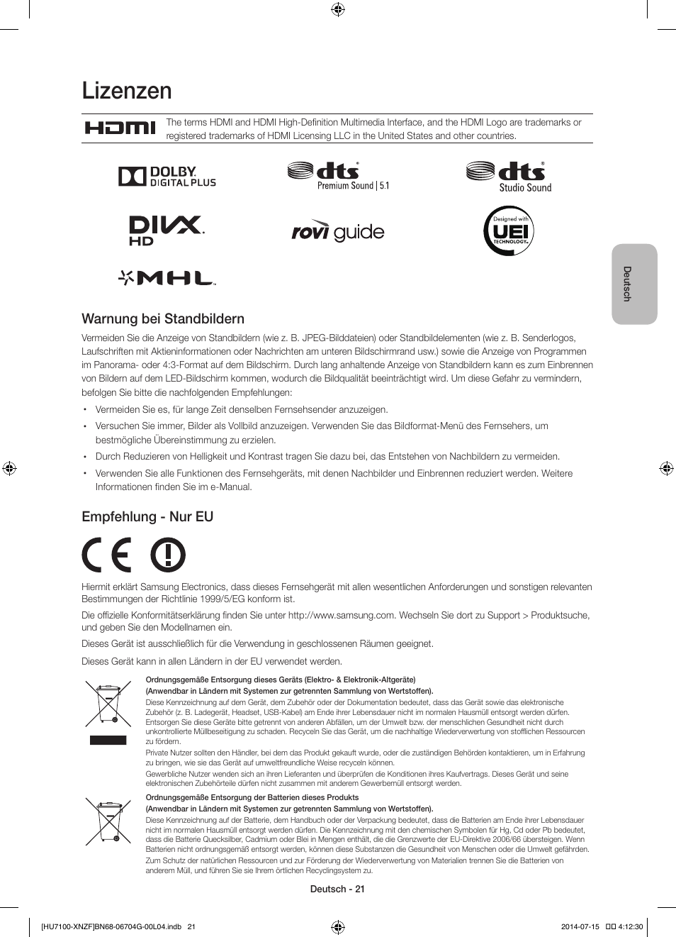 Lizenzen, Warnung bei standbildern, Empfehlung - nur eu | Samsung UE55HU7100S User Manual | Page 61 / 82