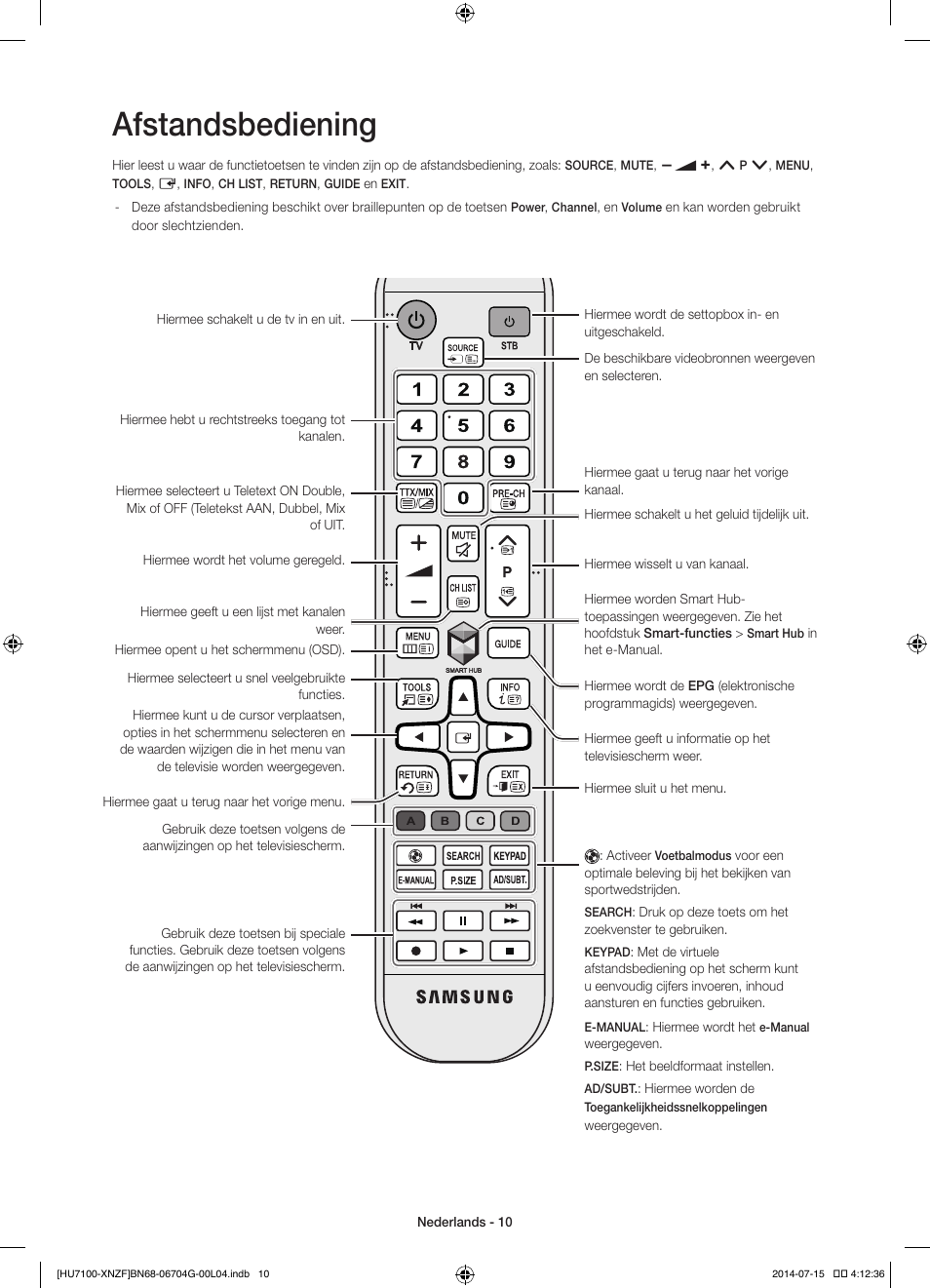 Afstandsbediening | Samsung UE55HU7100S User Manual | Page 70 / 82