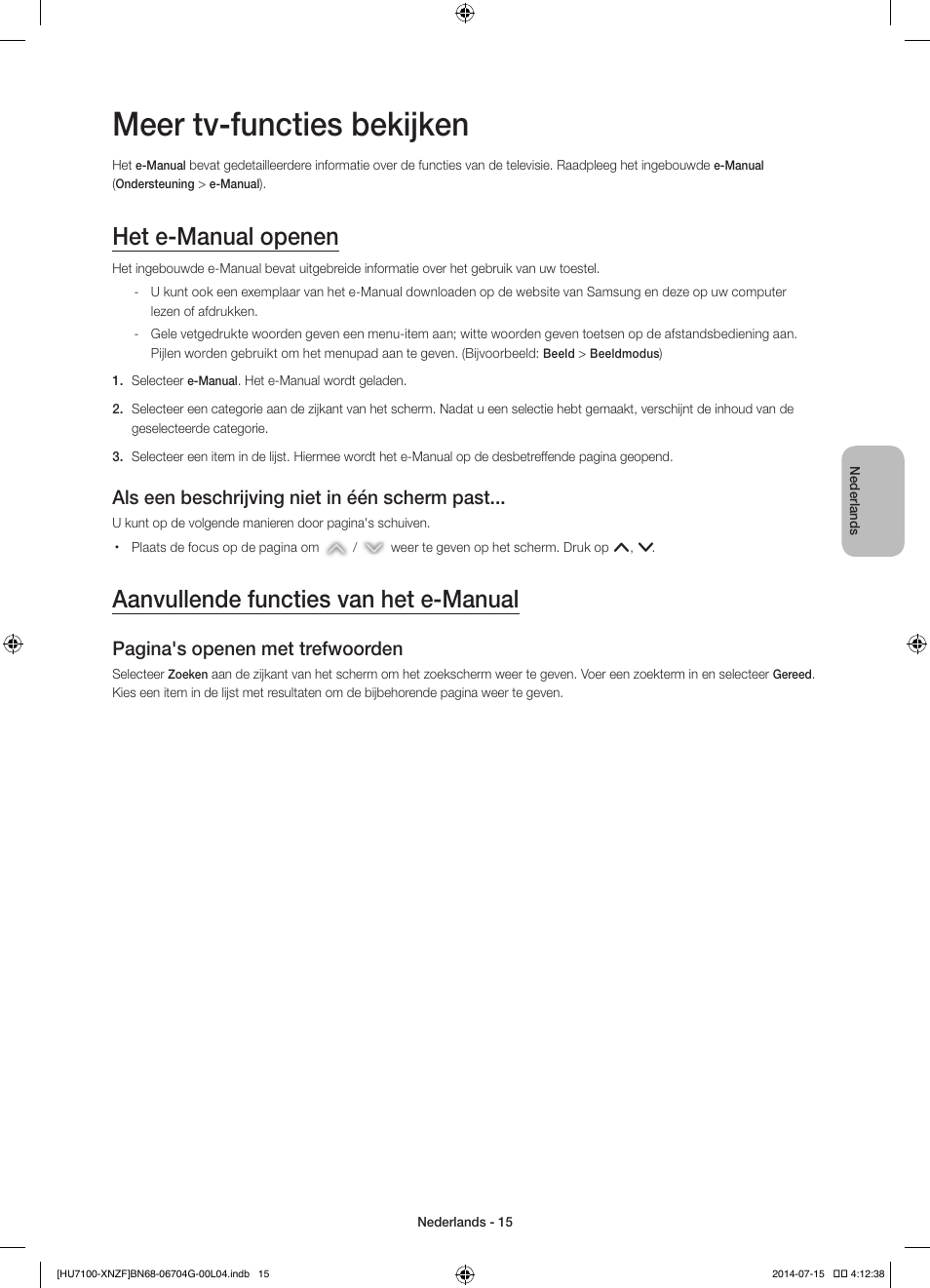 Meer tv-functies bekijken, Het e-manual openen, Aanvullende functies van het e-manual | Als een beschrijving niet in één scherm past, Pagina's openen met trefwoorden | Samsung UE55HU7100S User Manual | Page 75 / 82