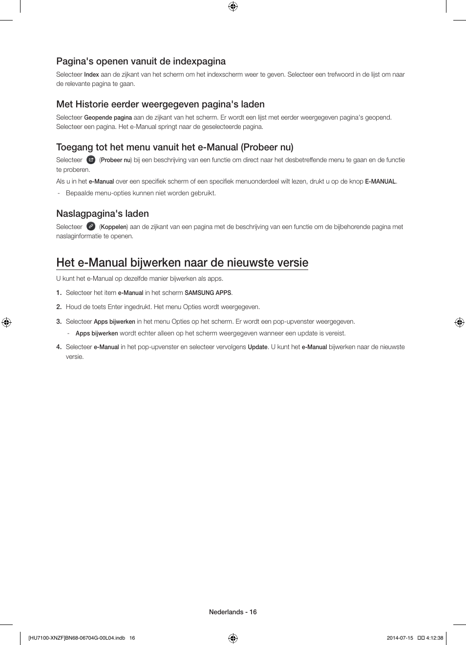 Het e-manual bijwerken naar de nieuwste versie, Pagina's openen vanuit de indexpagina, Met historie eerder weergegeven pagina's laden | Naslagpagina's laden | Samsung UE55HU7100S User Manual | Page 76 / 82