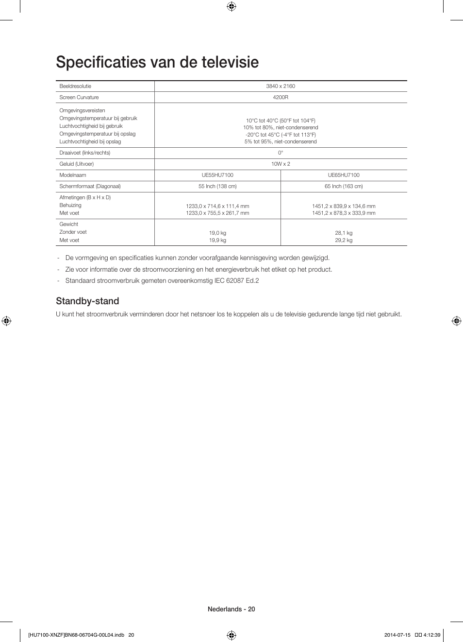 Specificaties van de televisie, Standby-stand | Samsung UE55HU7100S User Manual | Page 80 / 82