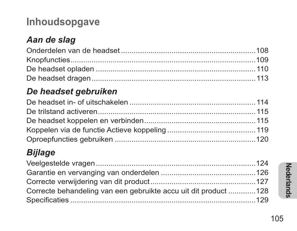 Nederlands, Inhoudsopgave | Samsung HM5000 User Manual | Page 107 / 134