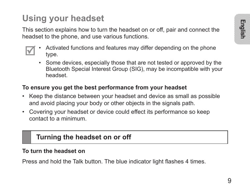Using your headset, Turning the headset on or off | Samsung HM5000 User Manual | Page 11 / 134