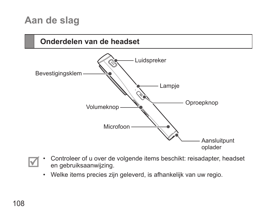 Aan de slag, Onderdelen van de headset | Samsung HM5000 User Manual | Page 110 / 134