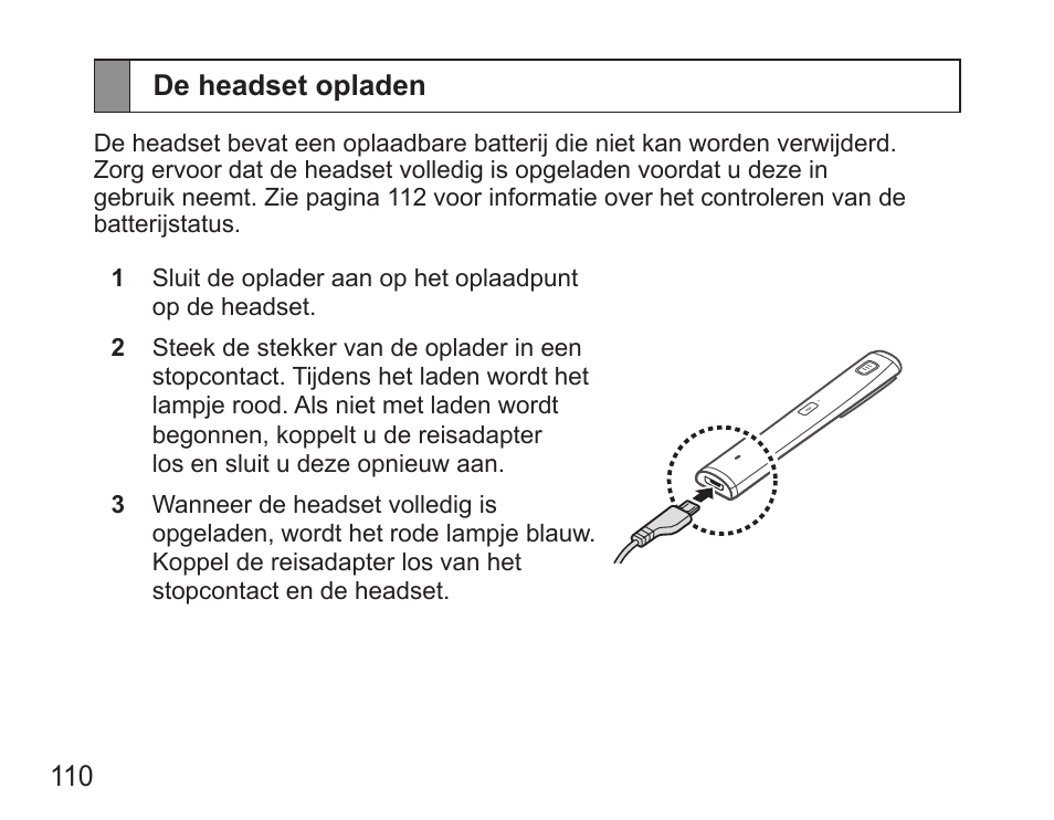 De headset opladen | Samsung HM5000 User Manual | Page 112 / 134