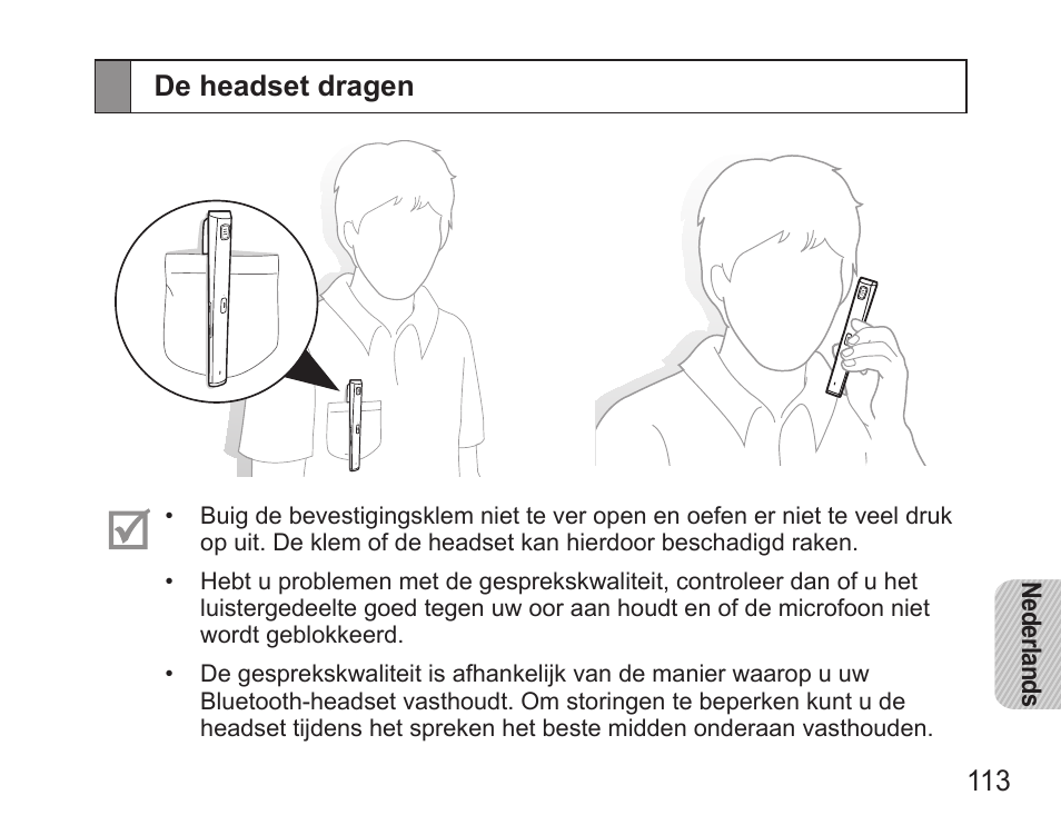 De headset dragen | Samsung HM5000 User Manual | Page 115 / 134