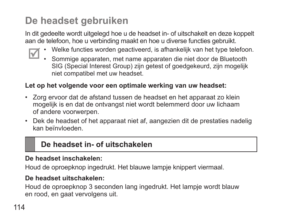 De headset gebruiken, De headset in- of uitschakelen | Samsung HM5000 User Manual | Page 116 / 134