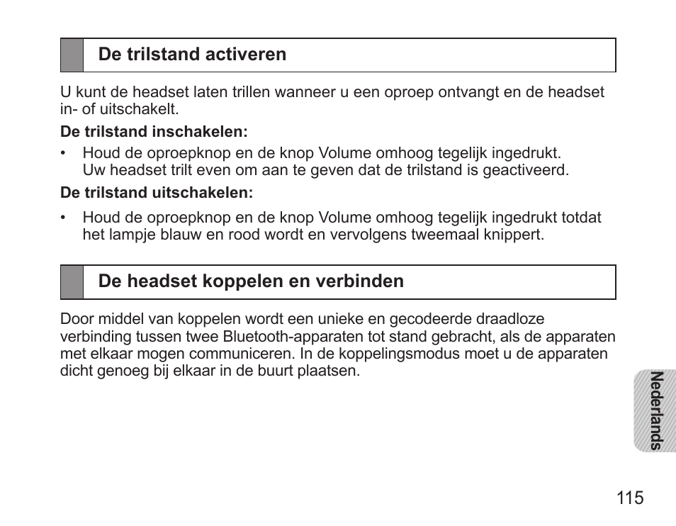 De trilstand activeren, De headset koppelen en verbinden | Samsung HM5000 User Manual | Page 117 / 134