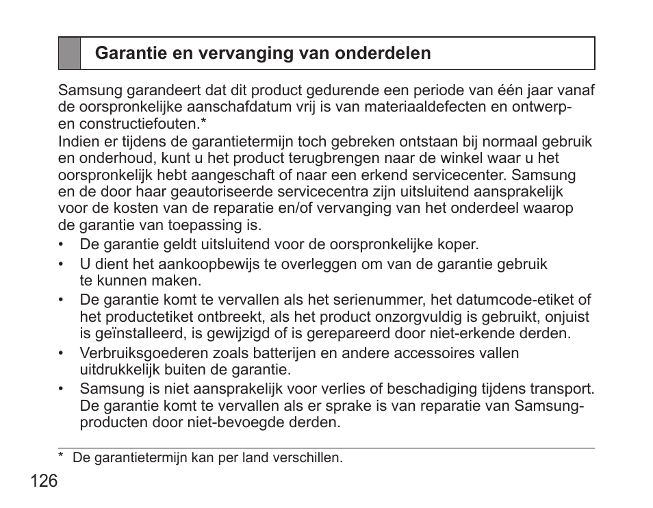 Garantie en vervanging van onderdelen | Samsung HM5000 User Manual | Page 128 / 134
