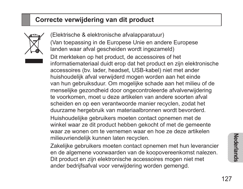Correcte verwijdering van dit product | Samsung HM5000 User Manual | Page 129 / 134