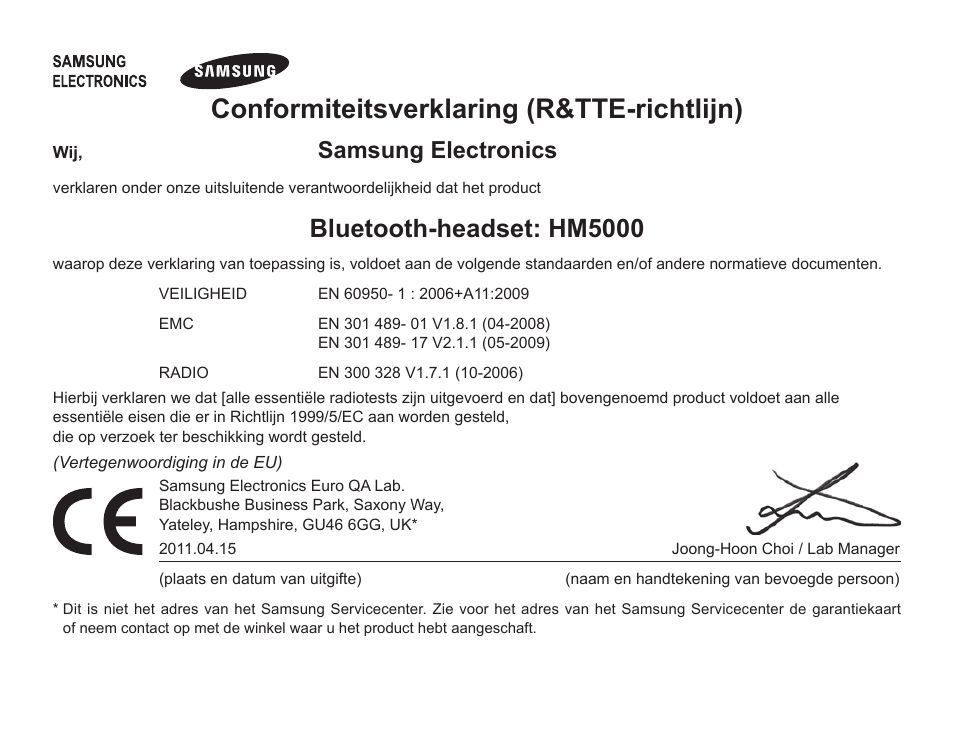 Conformiteitsverklaring (r&tte-richtlijn), Bluetooth-headset: hm5000, Samsung electronics | Samsung HM5000 User Manual | Page 133 / 134