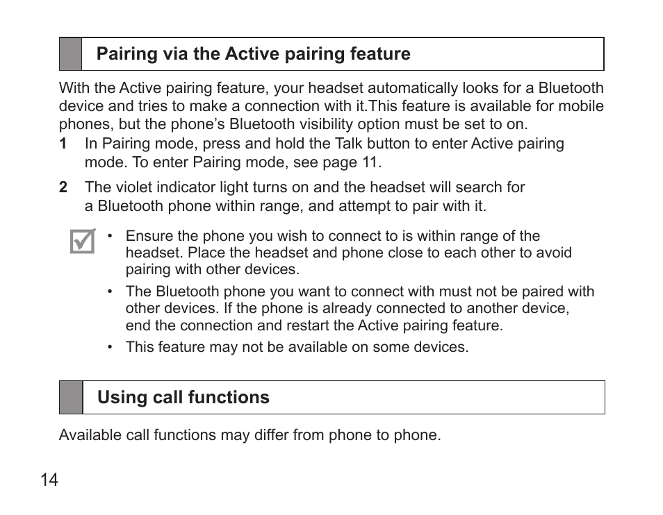 Pairing via the active pairing feature, Using call functions | Samsung HM5000 User Manual | Page 16 / 134
